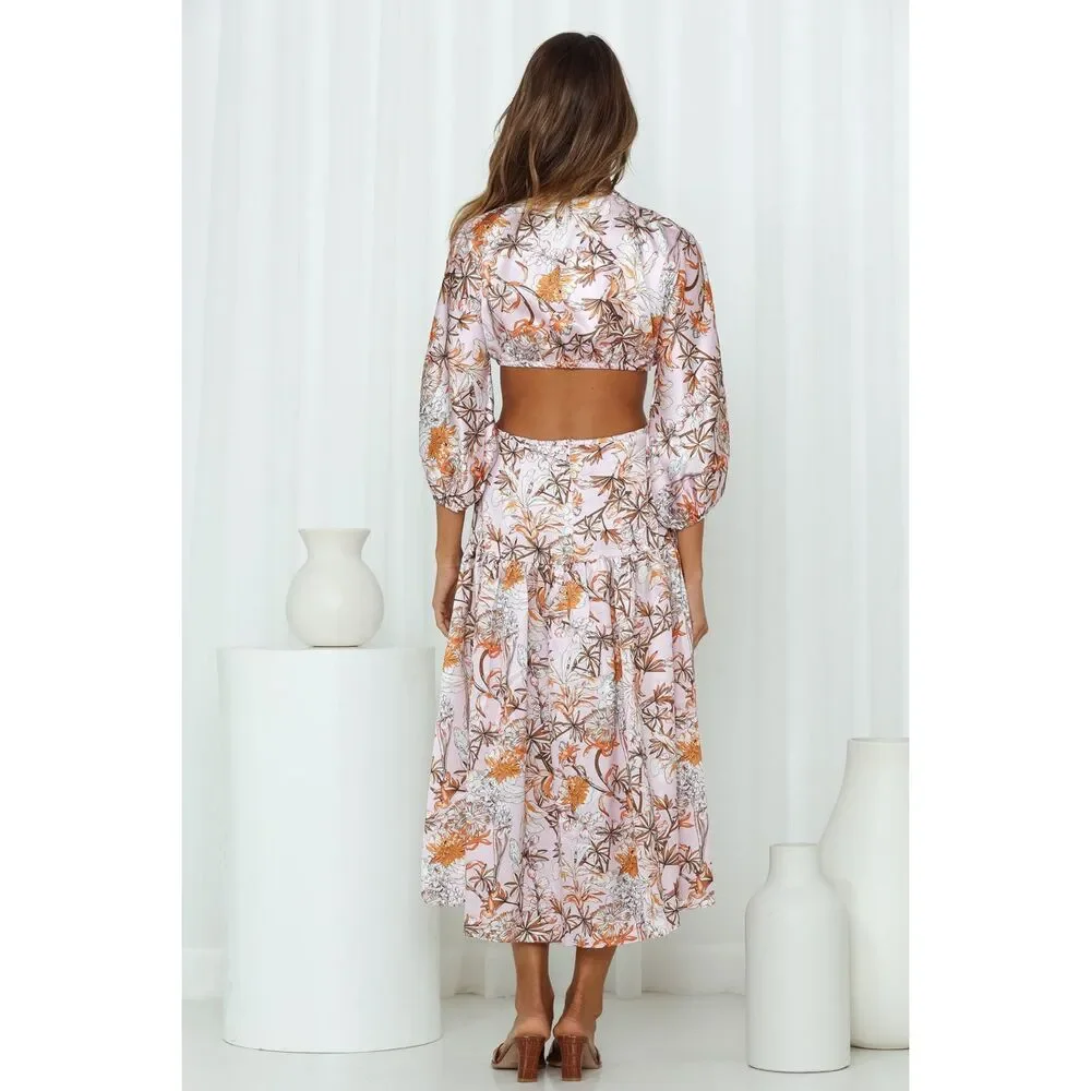 Hello Molly Don't Stop Me Mid-Riff Cut Out Puffy Sleeve Midi Dress Size 6 - Picture 4 of 14